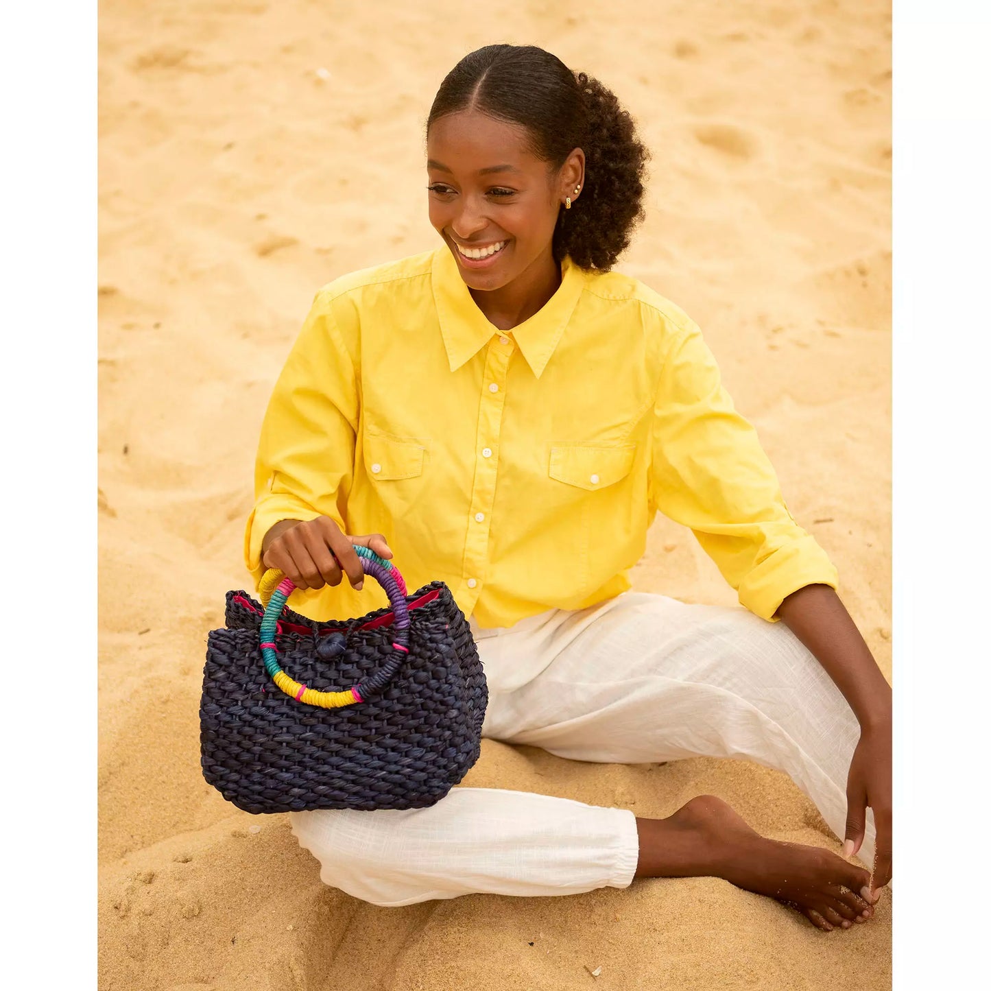 Maceió Straw Navy Blue With Rainbow Handle